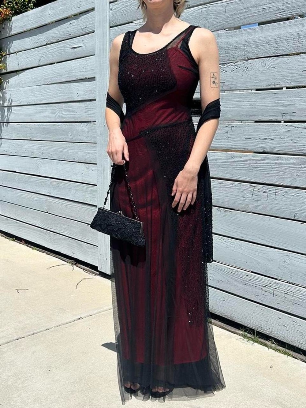 90’s Sue Wong Burgundy and Black Beaded Evening Gown